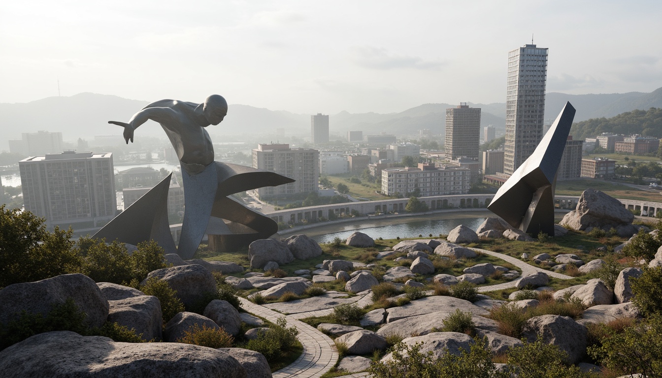 Prompt: Fragmented landscape, rocky outcrops, meandering paths, abstract sculptures, deconstructed buildings, irregular forms, fractured lines, dynamic volumes, cantilevered structures, reflective surfaces, metallic materials, bold color contrasts, dramatic lighting effects, misty atmosphere, shallow depth of field, 1/1 composition, panoramic view, realistic textures, ambient occlusion.