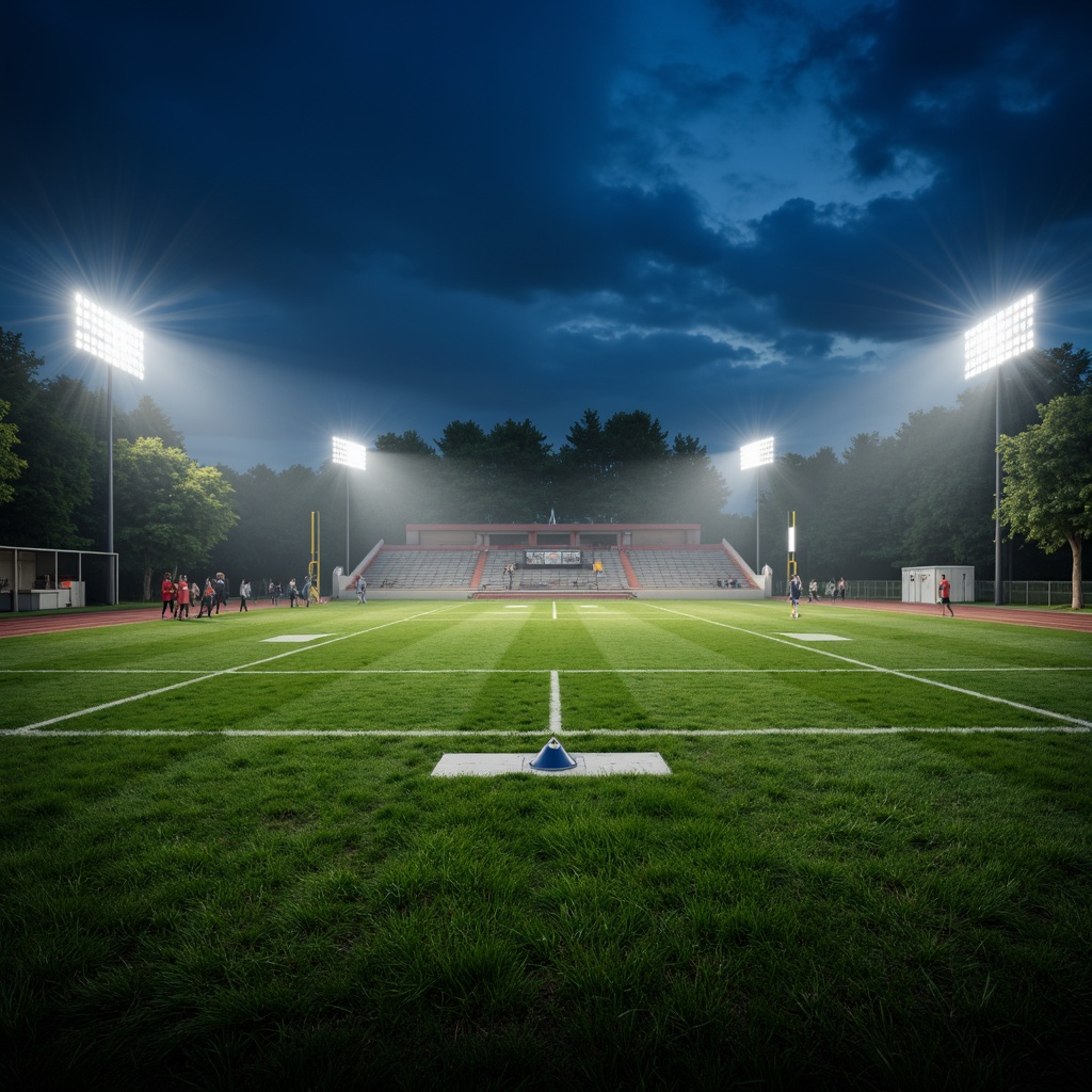 Prompt: Stadium atmosphere, lush green grass, athletic tracks, sports equipment, goalposts, floodlights, LED lighting, warm color temperature, high-contrast ratio, dramatic shadows, dynamic movement, fast-paced action, evening games, misty night air, 1/2 composition, low-angle shot, realistic textures, ambient occlusion.