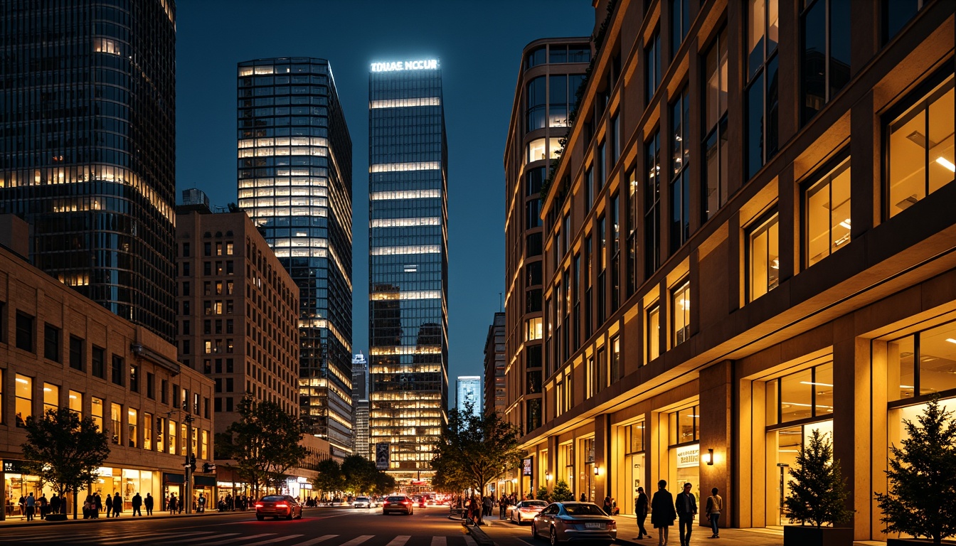 Prompt: Vibrant cityscape, modern skyscrapers, sleek glass facades, warm golden lighting, soft ambient glow, dramatic spotlights, LED strip lights, futuristic neon signs, urban streetscape, bustling nightlife, dynamic shadows, high-contrast illumination, cinematic atmosphere, 1/2 composition, low-angle shot, realistic reflections, detailed textures.