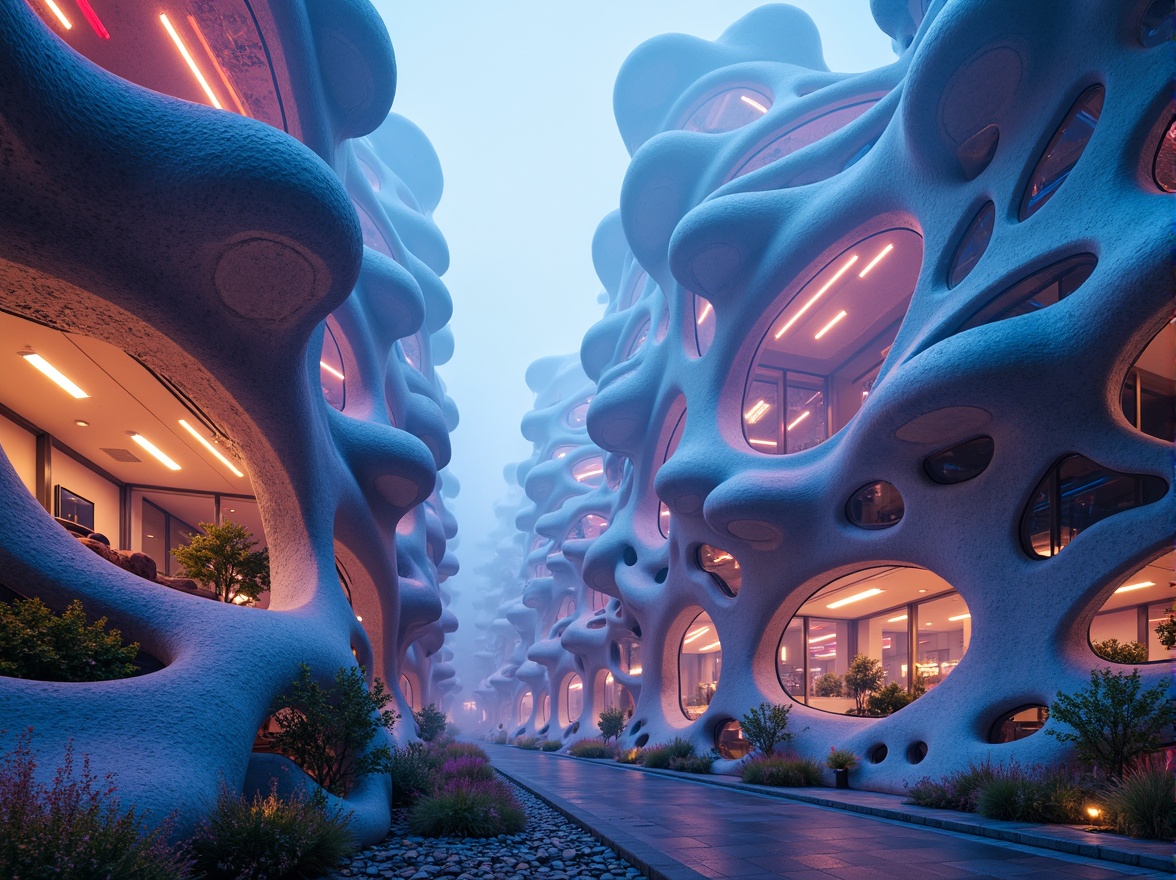 Prompt: Organic, curvaceous towers, iridescent colors, shimmering effects, translucent materials, futuristic architecture, undulating structures, amoeba-inspired shapes, glowing accents, neon lights, misty atmosphere, dreamy ambiance, soft focus, shallow depth of field, 1/1 composition, symmetrical view, vibrant textures, ambient occlusion.