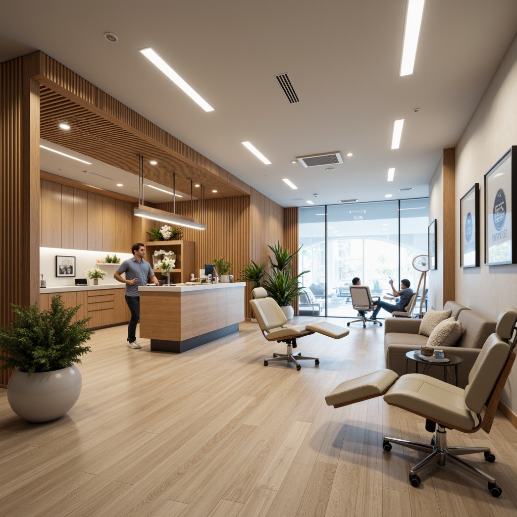 Prompt: Modern dental clinic interior, sleek reception desk, comfortable waiting area, calming color scheme, natural wood accents, stainless steel equipment, ergonomic dentist chairs, adjustable lighting systems, spacious treatment rooms, organized storage cabinets, minimalist decor, functional layout, efficient workflow, easy-to-clean surfaces, hygienic atmosphere, warm task lighting, shallow depth of field, 1/1 composition, realistic textures, ambient occlusion.