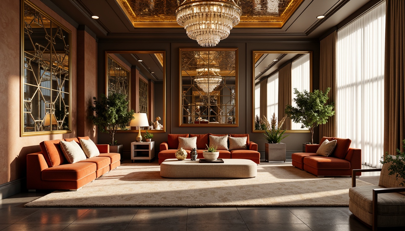 Prompt: Luxurious modern living room, Art Deco inspired furniture, metallic accents, geometric patterns, ornate mirrors, velvet sofas, marble coffee tables, crystal chandeliers, bold color schemes, opulent textiles, lavish drapery, sunlit windows, high ceilings, sleek lines, minimalist decor, sophisticated ambiance, warm golden lighting, shallow depth of field, 1/1 composition, realistic reflections, ambient occlusion.