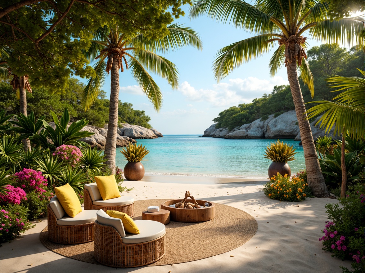 Prompt: Vibrant tropical island, lush green palm trees, exotic floral arrangements, warm sandy beaches, crystal-clear turquoise waters, colorful tiki torches, rustic wooden accents, woven rattan furniture, bold coral-inspired hues, bright citrusy yellows, deep ocean blues, soft creamy whites, natural linen textures, warm golden lighting, shallow depth of field, 1/1 composition, realistic reflections, ambient occlusion.