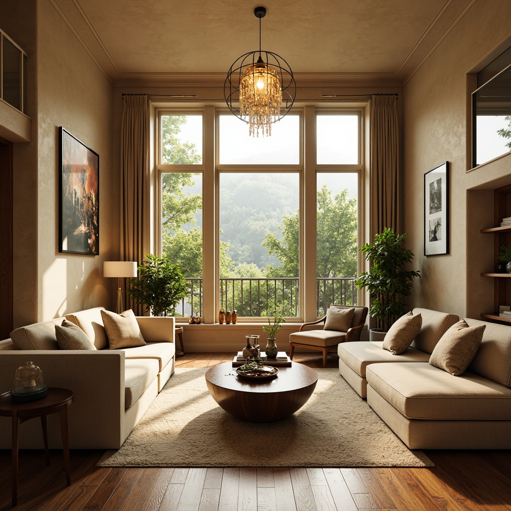 Prompt: Cozy living room, plush sofas, warm beige walls, rich wood flooring, soft golden lighting, comfortable throw pillows, modern minimalist decor, large windows, natural daylight, lush greenery views, elegant chandeliers, sophisticated color palette, calming atmosphere, shallow depth of field, 1/1 composition, realistic textures, ambient occlusion.