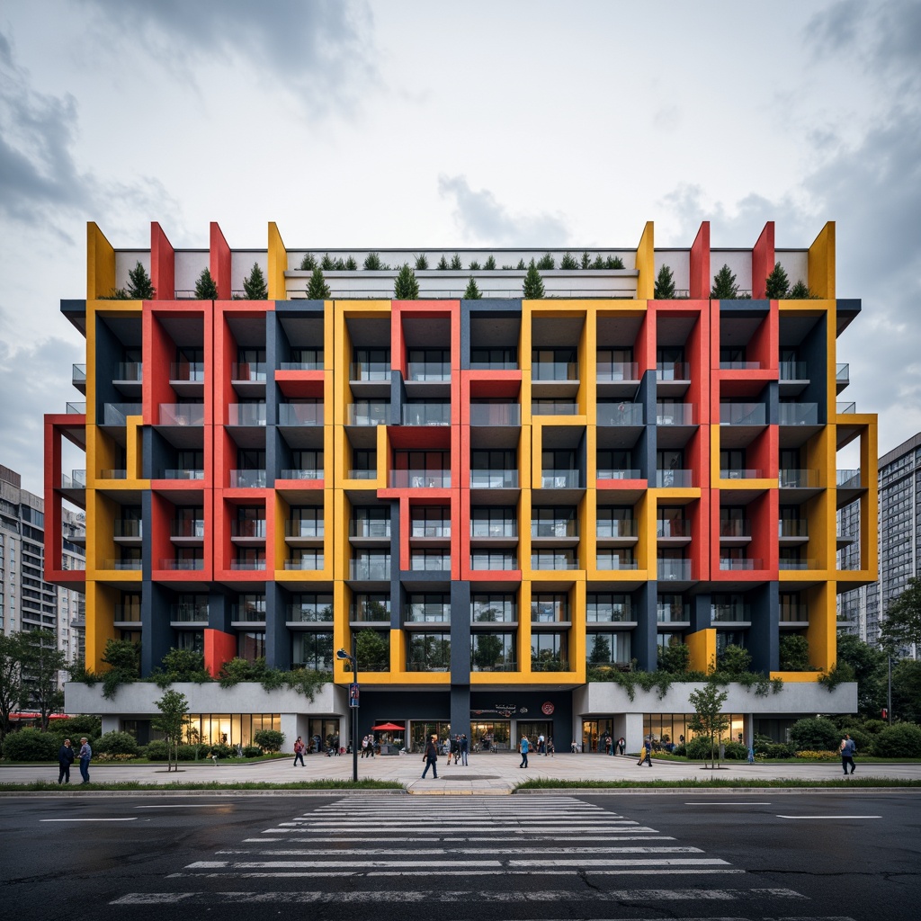 Prompt: Geometric stadium facade, bold primary colors, industrial materials, exposed steel beams, cantilevered roofs, asymmetrical compositions, functionalist architecture, minimalist ornamentation, rectangular forms, clean lines, urban landscape, cloudy sky, dramatic lighting, high contrast, 1/2 composition, wide-angle lens, realistic renderings, ambient occlusion.