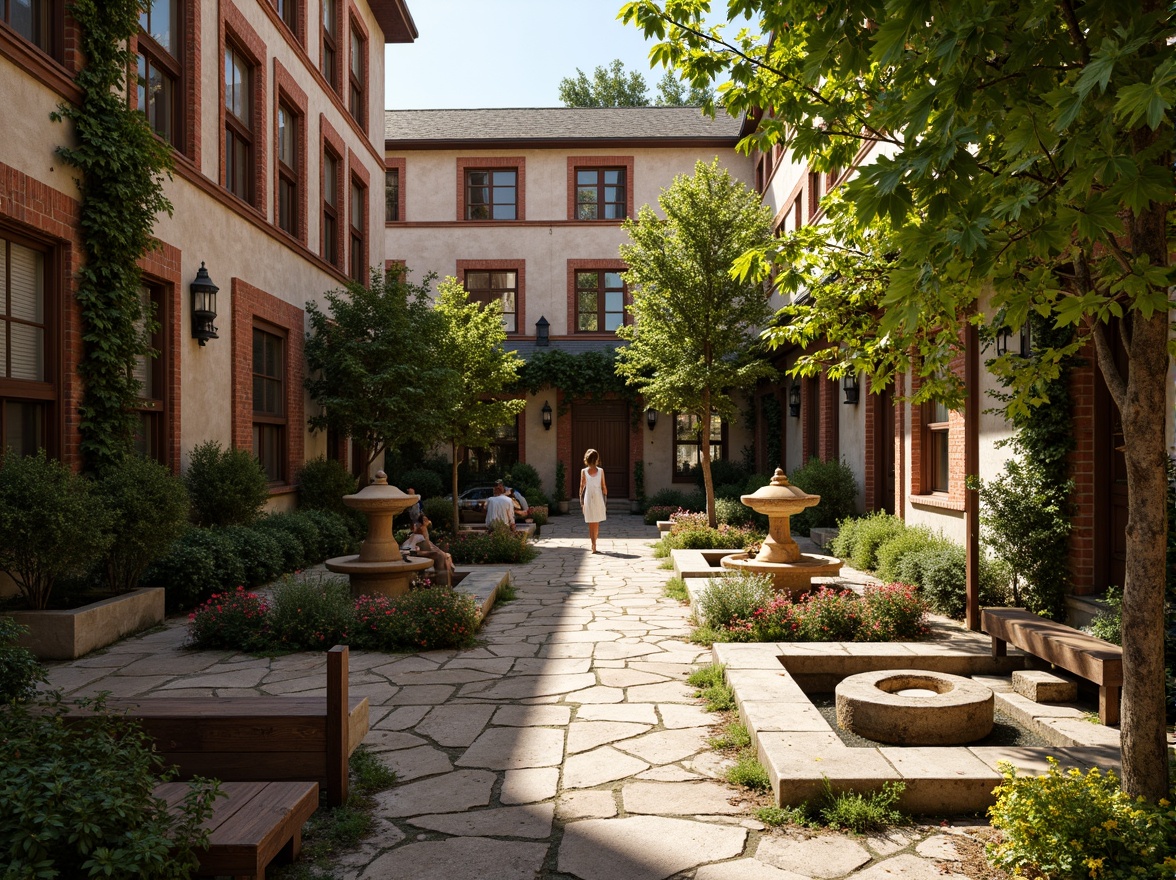 Prompt: Renaissance-style hostel courtyard, lush greenery, ornate fountains, rustic stone pathways, vintage lanterns, wooden benches, distressed brick walls, ivy-covered trellises, blooming flowerbeds, sunny afternoon, warm golden lighting, shallow depth of field, 1/2 composition, intimate atmosphere, realistic textures, ambient occlusion.