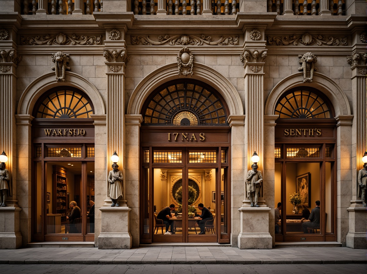 Prompt: Grandiose bank building, Romanesque style facade, ornate stone carvings, arched windows, rusticated columns, intricate moldings, vaulted ceilings, grand entrance, heavy wooden doors, bronze door handles, ornate metalwork, stained glass windows, warm golden lighting, shallow depth of field, 1/2 composition, symmetrical view, realistic textures, ambient occlusion.