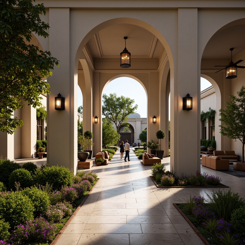 Prompt: Grand entrance gates, elegant archways, inviting pathways, lush greenery, vibrant flowers, modern lanterns, warm lighting, comfortable seating areas, stylish planters, decorative fountains, spacious porches, classic columns, ornate doorways, luxurious materials, sophisticated color schemes, shallow depth of field, 1/1 composition, realistic textures, ambient occlusion.