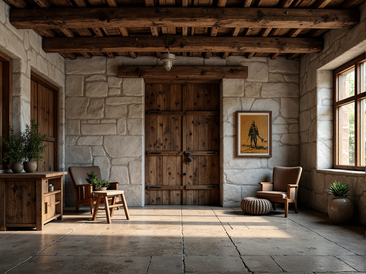 Prompt: Rustic stone walls, weathered wooden planks, distressed metal panels, rough-hewn concrete floors, tactile brick facades, organic natural forms, earthy color palette, warm ambient lighting, shallow depth of field, 3/4 composition, realistic textures, ambient occlusion.