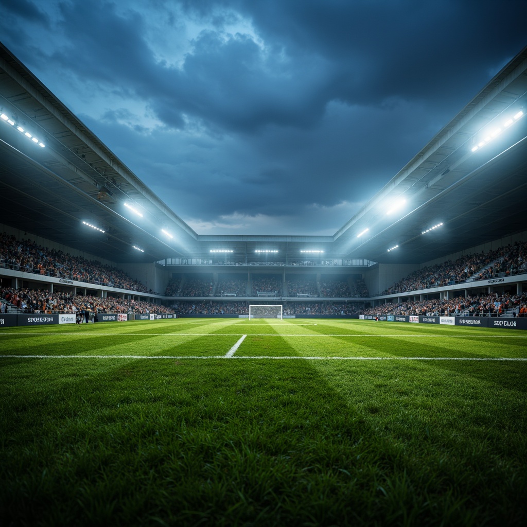 Prompt: Stadium atmosphere, lush green grass, athletic tracks, sports equipment, goalposts, floodlights, LED lighting, warm color temperature, high-contrast ratio, dramatic shadows, dynamic movement, fast-paced action, evening games, misty night air, 1/2 composition, low-angle shot, realistic textures, ambient occlusion.