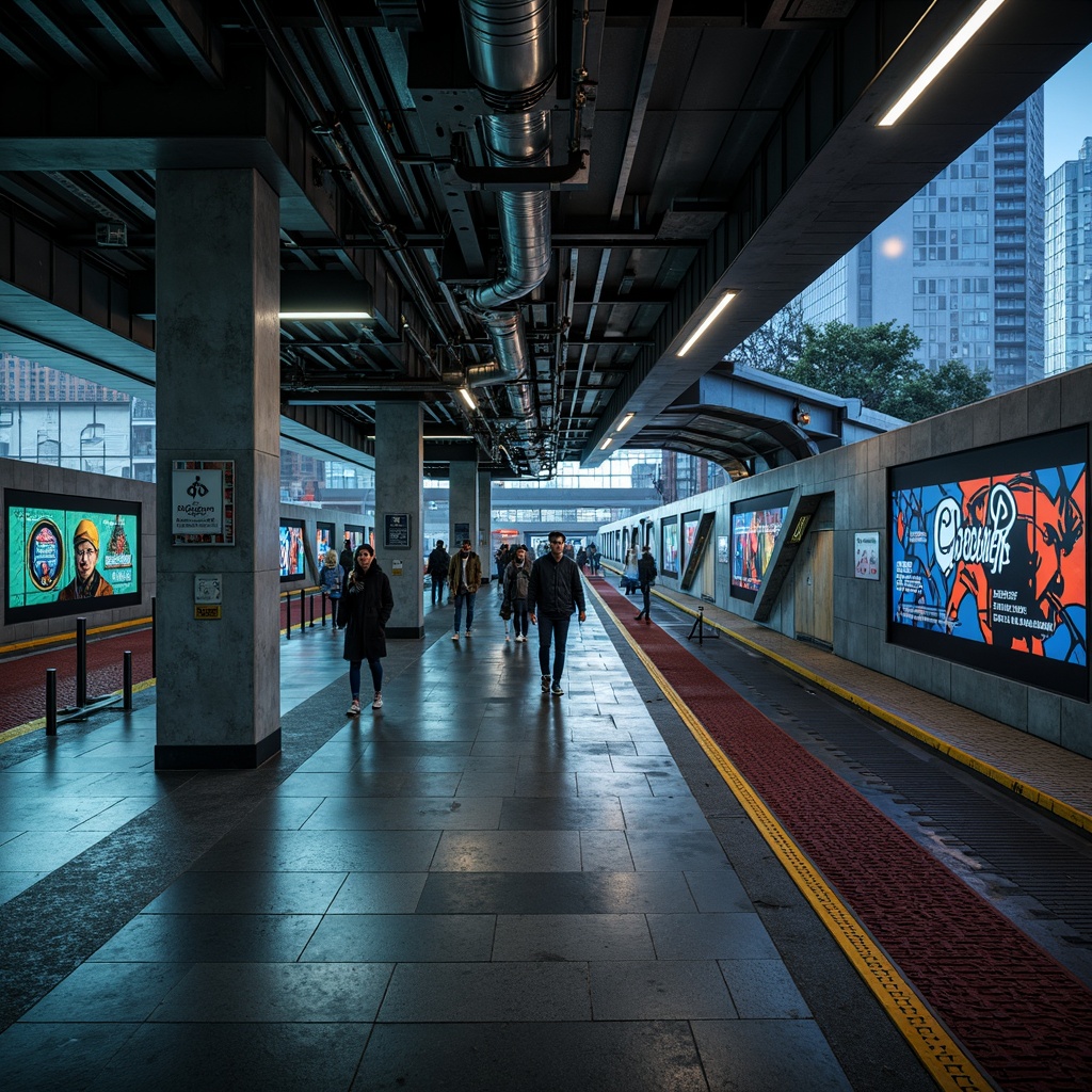 Prompt: Urban metro station, constructivist architecture, geometric shapes, industrial materials, exposed ductwork, metallic beams, concrete columns, vibrant urban art, LED light installations, futuristic ambiance, high-contrast lighting, dramatic shadows, dynamic angles, abstract patterns, brutalist textures, urban jungle atmosphere, rush hour crowds, fast-paced lifestyle, modern transportation hub, efficient infrastructure, sleek signage systems, bold typography, neon advertisements, bustling city sounds, shallow depth of field, 1/2 composition, cinematic view.