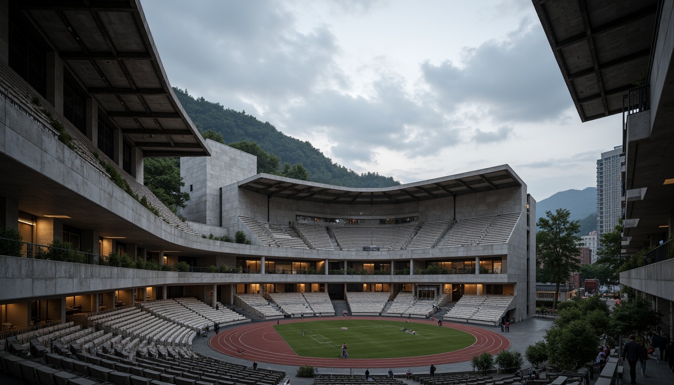 Prompt: Rugged concrete structures, brutalist architecture, grandstand seating, athletic tracks, sports facilities, industrial lighting, exposed ductwork, raw concrete walls, steel beams, minimalist decor, functional design, open spaces, natural ventilation, dramatic shadows, high ceilings, cantilevered balconies, urban landscape views, overcast skies, moody atmospheric lighting, 1/1 composition, symmetrical framing, realistic textures, ambient occlusion.