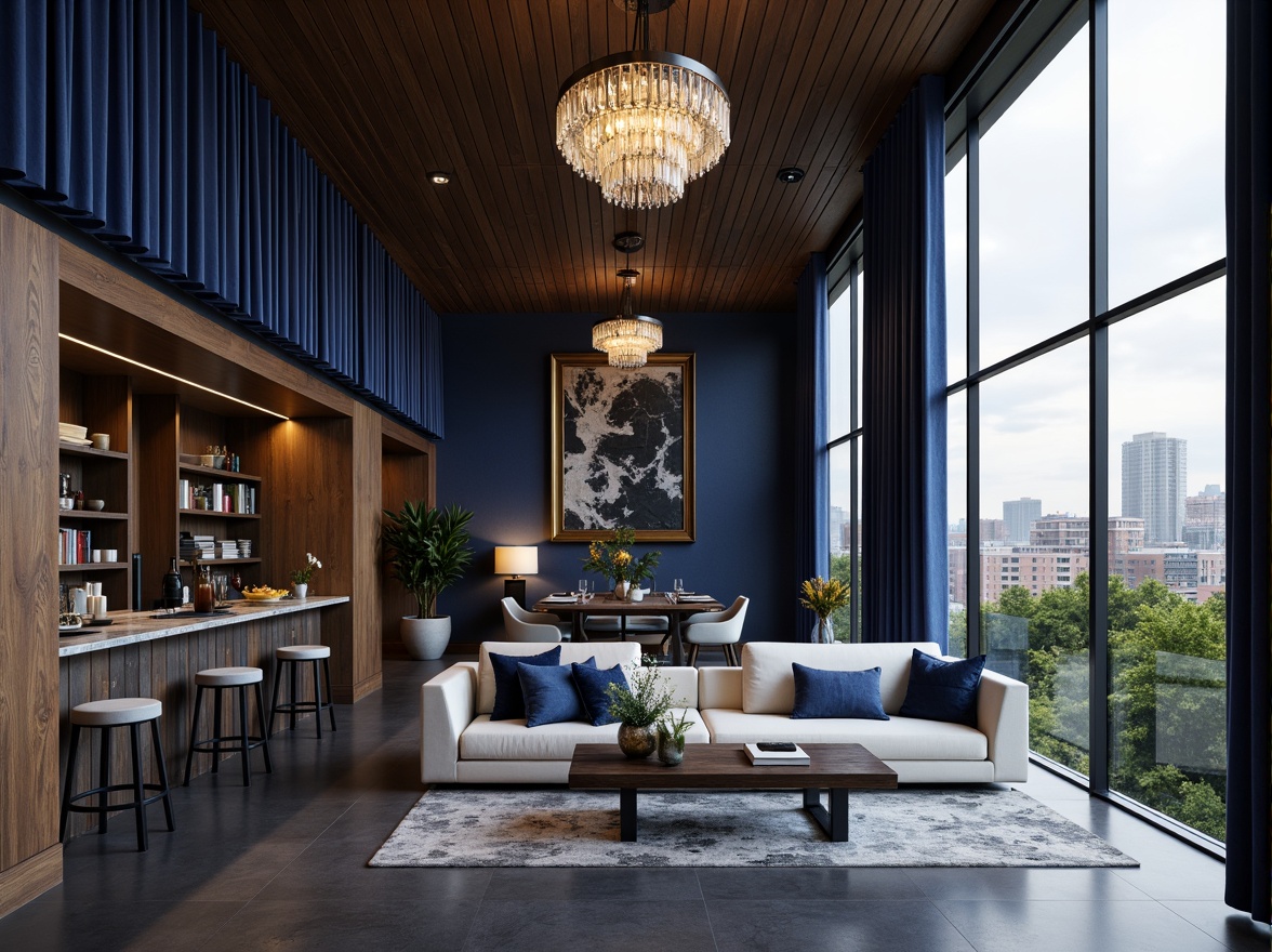 Prompt: \Navy blue accent walls, rich wood textures, luxurious velvet fabrics, metallic gold decorations, ornate crystal chandeliers, sophisticated modern furniture, sleek marble countertops, dramatic floor-to-ceiling windows, urban cityscape views, cloudy grey skies, soft warm lighting, shallow depth of field, 1/1 composition, realistic reflections, ambient occlusion.\