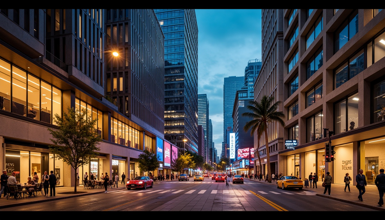 Prompt: Vibrant cityscape, modern skyscrapers, sleek glass facades, warm golden lighting, soft ambient glow, dramatic spotlights, LED strip lights, futuristic neon signs, urban streetscape, bustling nightlife, dynamic shadows, high-contrast illumination, cinematic atmosphere, 1/1 composition, low-angle shot, realistic reflections, detailed textures.