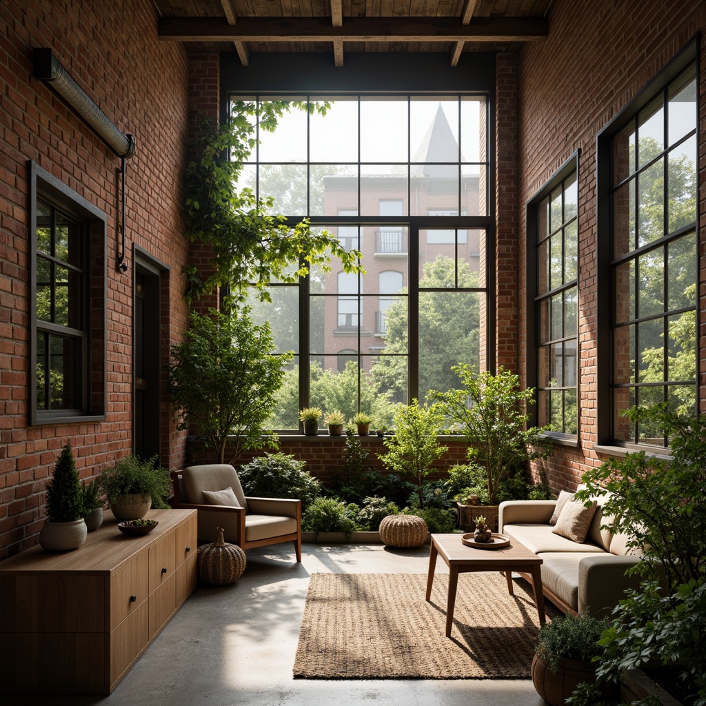 Prompt: Exposed brick walls, reclaimed wood accents, industrial metal beams, vintage decorative items, lush greenery, natural textiles, earthy color palette, soft warm lighting, cozy intimate spaces, minimalist decor, eco-friendly materials, rainwater harvesting systems, solar panels, green roofs, living walls, urban garden views, misty morning atmosphere, shallow depth of field, 1/1 composition, realistic textures, ambient occlusion.