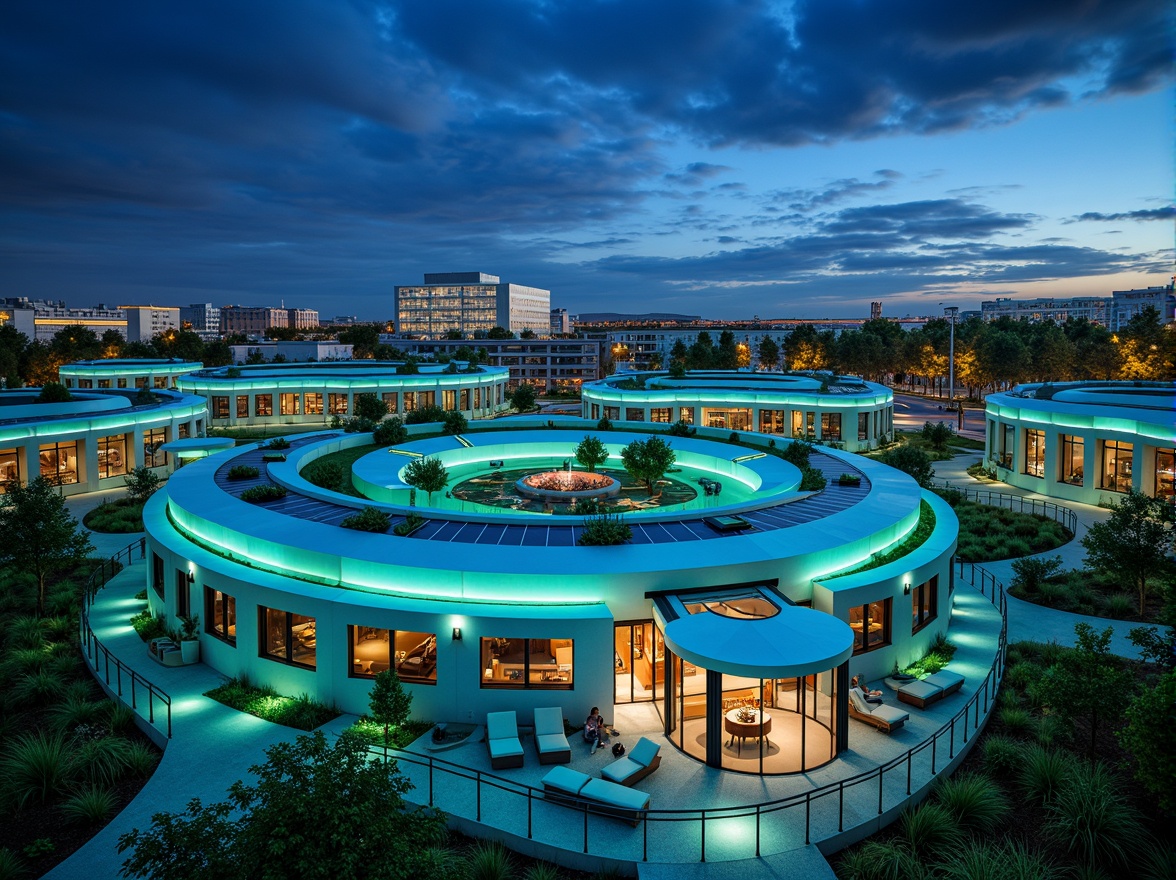 Prompt: Celestial planetarium, social housing complex, vibrant blue-green color scheme, neon-lit accents, futuristic architecture, curved lines, domed roofs, starry night sky, ambient lighting, soft glow, cozy communal spaces, minimalist furniture, sleek metal railings, glass balconies, urban cityscape, bustling streets, diverse community, inclusive design, accessible amenities, rooftop gardens, green roofs, solar panels, sustainable living, eco-friendly materials, innovative water management systems, shaded outdoor areas, misting systems, dynamic lighting effects, immersive experiences.