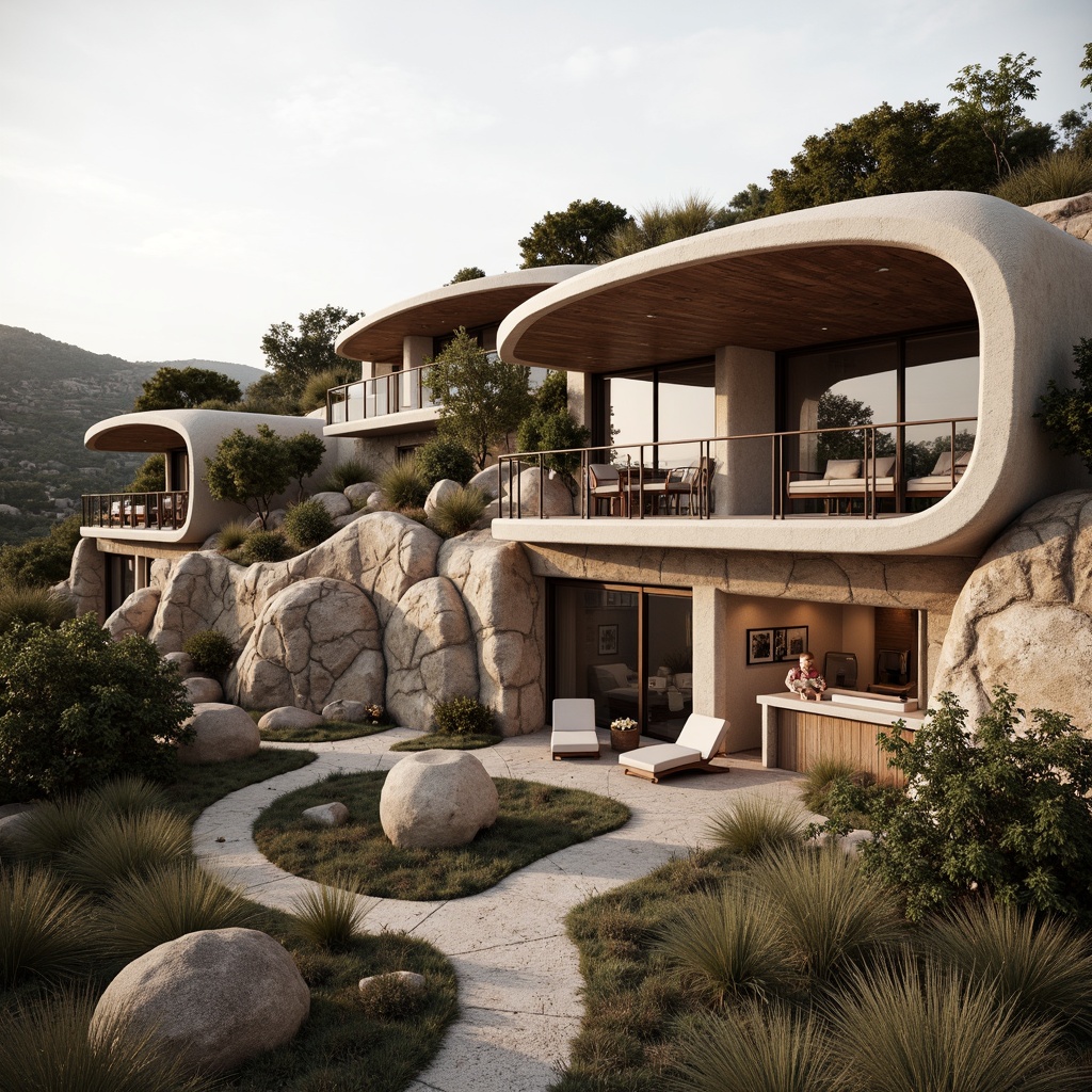 Prompt: Rustic hillside, natural stone walls, earthy tones, organic curves, cantilevered roofs, large overhangs, wooden accents, steel beams, minimalist decor, floor-to-ceiling windows, sliding glass doors, panoramic views, surrounding landscape, native vegetation, winding pathways, outdoor seating areas, soft warm lighting, shallow depth of field, 3/4 composition, realistic textures, ambient occlusion.