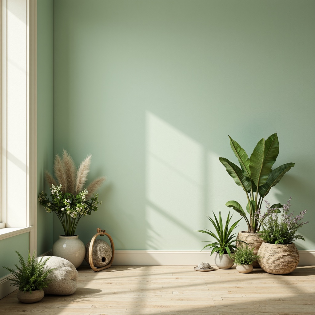 Prompt: Pastel mint walls, soft creamy trim, warm beige floors, natural wood accents, minimalist decor, calming atmosphere, abundant greenery, lush plants, delicate florals, subtle texture overlays, gentle gradient transitions, softbox lighting, shallow depth of field, 1/1 composition, realistic renderings, ambient occlusion.