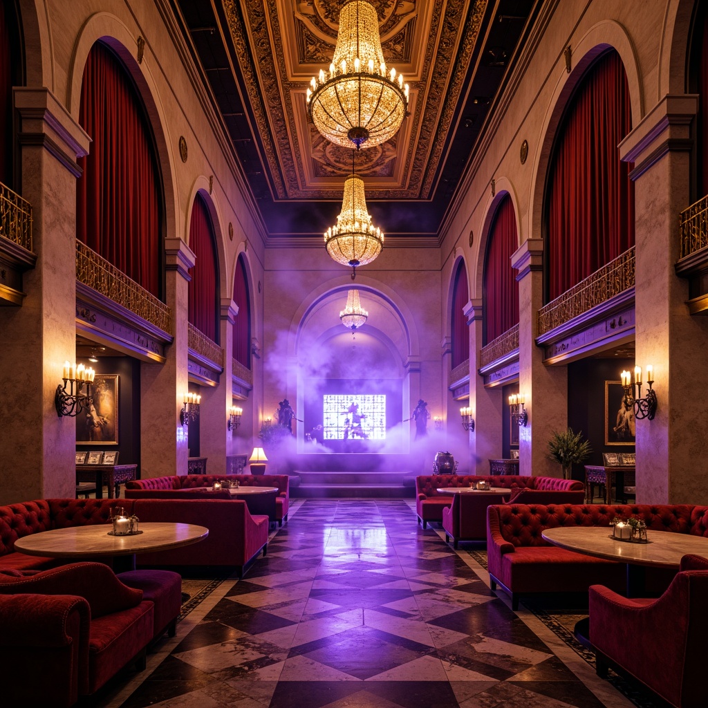 Prompt: Richly ornamented nightclub interior, Romanesque arches, grand chandeliers, luxurious velvet drapes, ornate golden accents, lavish marble floors, intimate VIP areas, plush crimson sofas, mystical purple lighting, fog machines, strobe lights, DJ booth with LED screens, elevated dance floor, majestic stone columns, intricate mosaics, warm candlelight, dramatic ceiling heights, 1/2 composition, low-key warm lighting, realistic reflections.