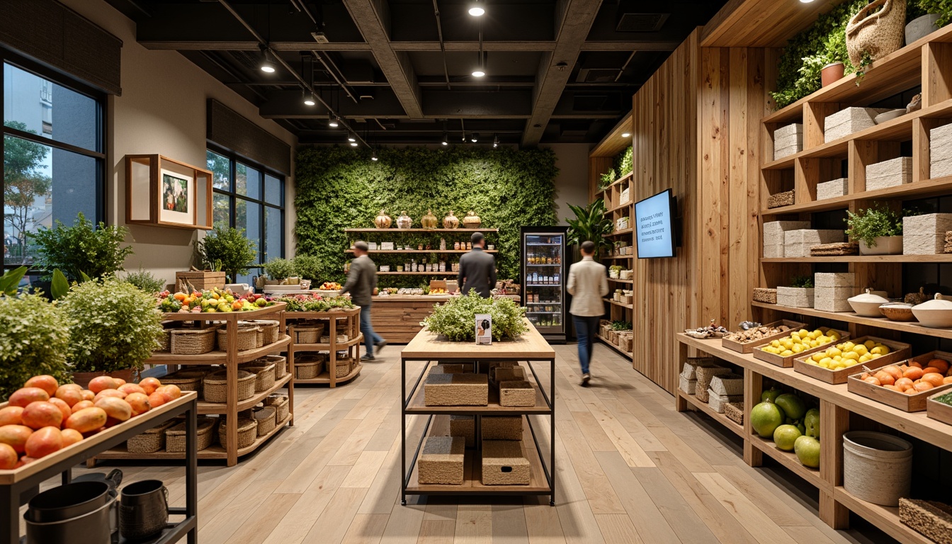 Prompt: Eco-friendly grocery store interior, reclaimed wood shelving, bamboo flooring, recycled metal accents, energy-efficient LED lighting, natural stone countertops, living green walls, organic produce displays, minimalist decor, earthy color palette, warm ambient lighting, shallow depth of field, 1/1 composition, realistic textures, ambient occlusion.