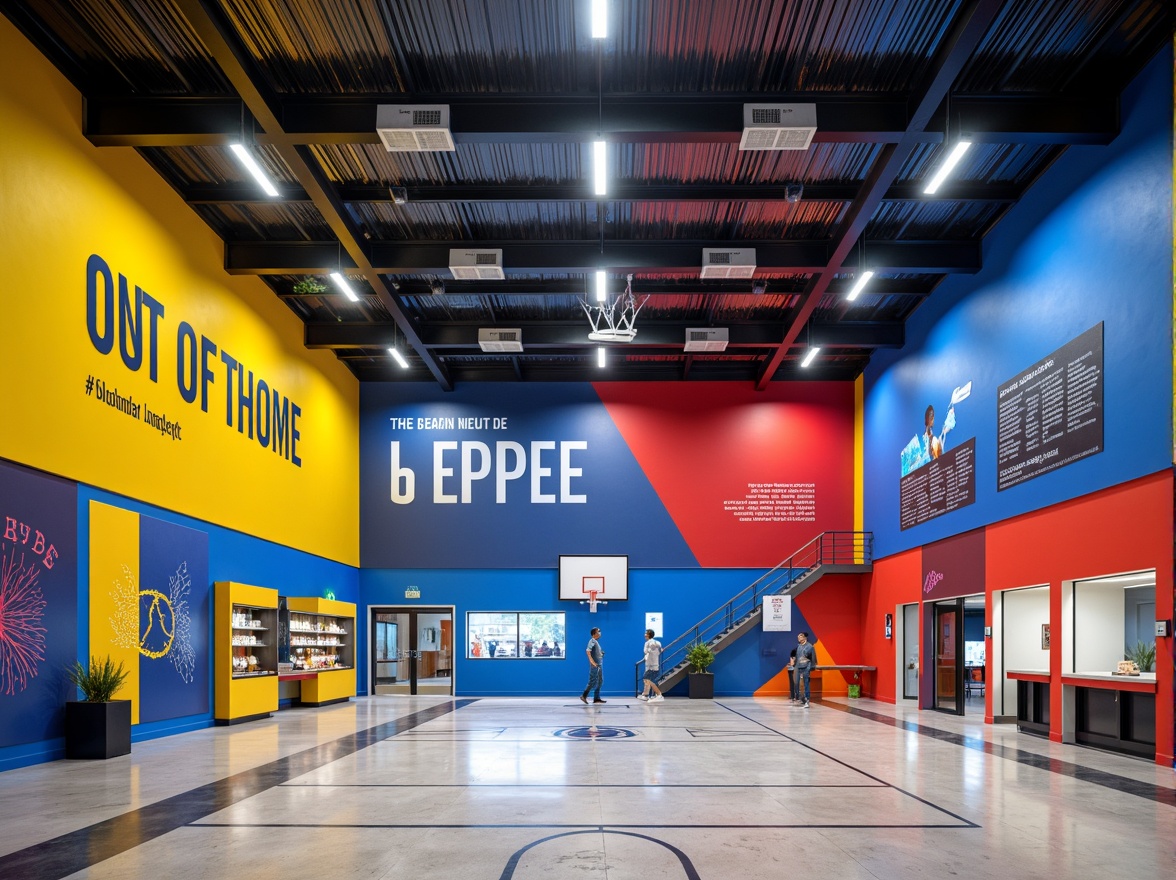 Prompt: Vibrant gymnasium interior, modernist architecture, bold color scheme, bright blue accents, energetic yellow tones, deep red hues, sleek metal beams, polished concrete floors, minimalist decor, industrial chic lighting, geometric patterns, abstract artwork, motivational quotes, athletic equipment displays, trophy cases, dynamic shadows, high-contrast lighting, 1/2 composition, realistic textures, ambient occlusion.