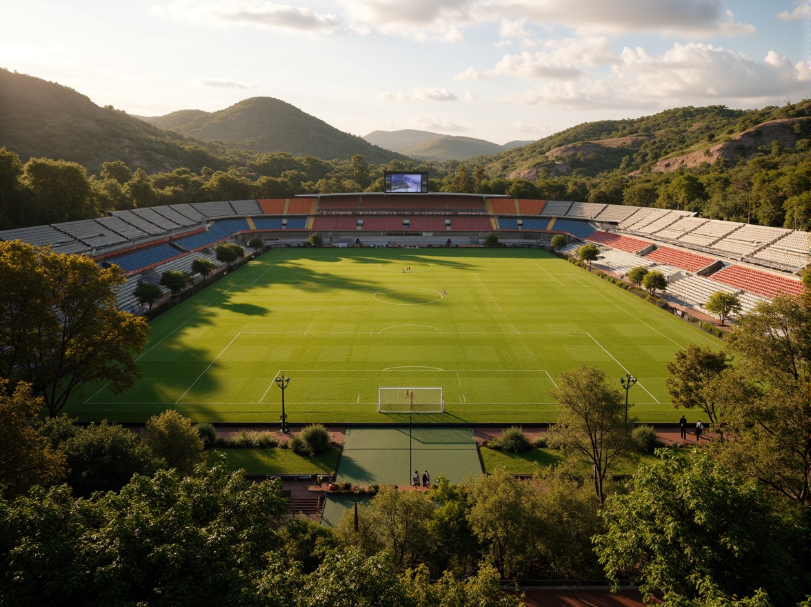 Prompt: Savanna landscape, lush green grass, scattered acacia trees, rolling hills, natural stone terracing, rustic wooden fences, soccer stadium architecture, curved grandstands, vibrant team colors, floodlighting, evening atmosphere, warm golden lighting, shallow depth of field, 3/4 composition, panoramic view, realistic textures, ambient occlusion, tropical plants, exotic flowers, meandering pathways, organic shapes, earthy tones, natural materials, eco-friendly design.