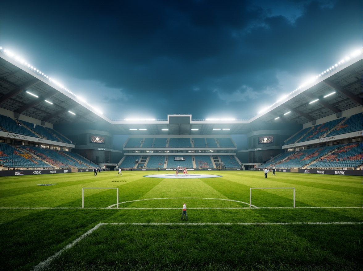 Prompt: Stadium atmosphere, lush green grass, athletic tracks, sports equipment, goalposts, floodlights, LED lighting, warm color temperature, high-contrast ratio, dramatic shadows, dynamic movement, fast-paced action, evening games, misty night air, 1/2 composition, low-angle shot, realistic textures, ambient occlusion.