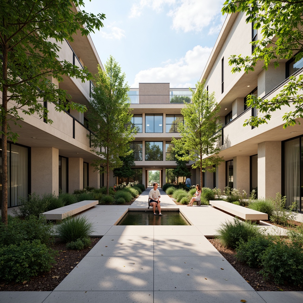 Prompt: Soothing hospital courtyard, lush greenery, calming water features, natural stone pathways, minimalist benches, modern sculptures, serene ambiance, warm neutral tones, clean lines, simple forms, functional planters, low-maintenance gardens, peaceful atmosphere, soft diffused lighting, shallow depth of field, 1/1 composition, realistic textures, ambient occlusion.