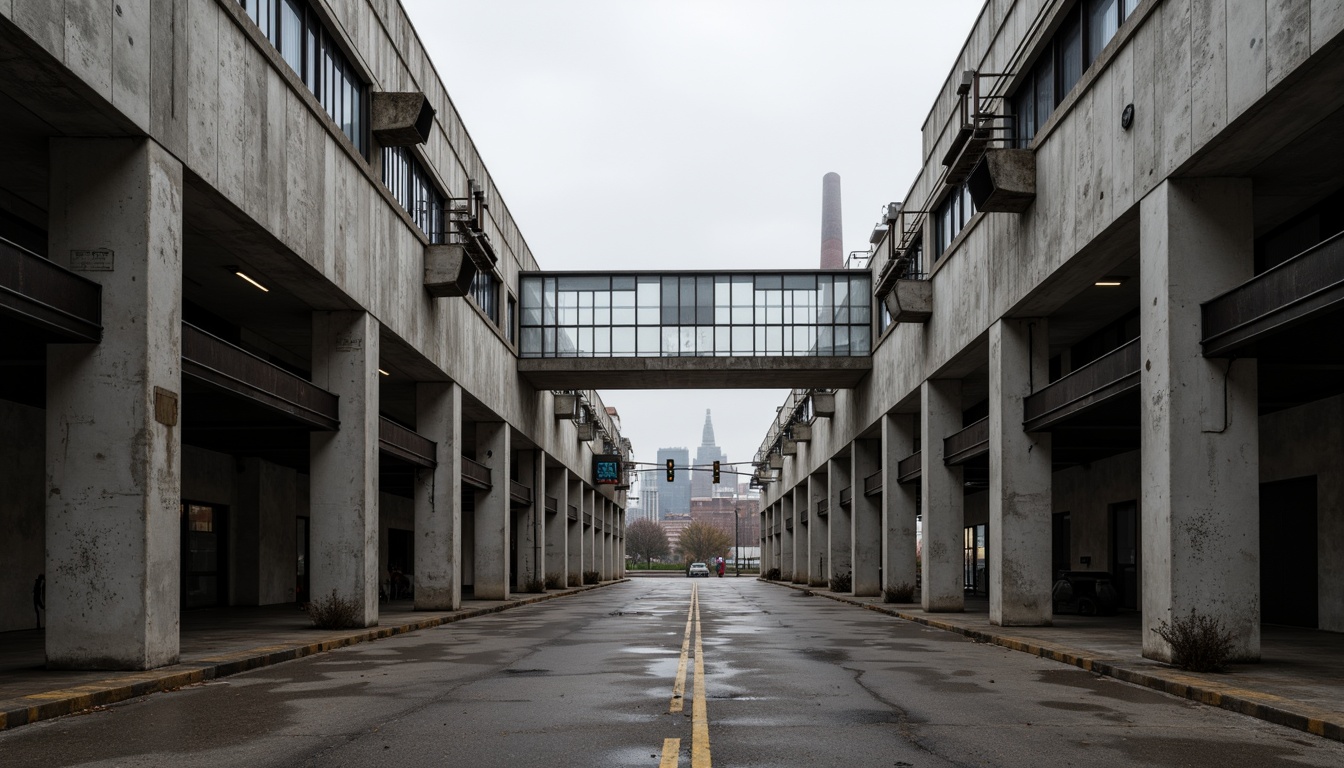 Prompt: Massive concrete forms, brutalist architecture, industrial distribution center, rugged textures, exposed ductwork, raw steel beams, functional minimalism, urban cityscape, overcast skies, dramatic shadows, high-contrast lighting, cinematic composition, symmetrical framing, bold geometric shapes, reinforced materials, utilitarian aesthetic, functional simplicity, mechanized systems, metallic accents, distressed finishes, monumental scale, imposing presence, atmospheric misting.