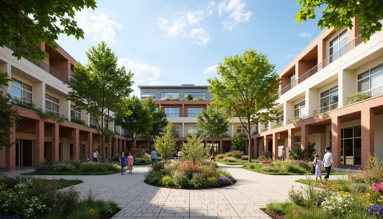 Prompt: Vibrant middle school courtyard, lush green roofs, native plant species, rainwater harvesting systems, solar panels, wind turbines, eco-friendly materials, natural stone walkways, modern sustainable architecture, large windows, glass doors, blooming trees, sunny day, soft warm lighting, shallow depth of field, 3/4 composition, panoramic view, realistic textures, ambient occlusion, outdoor classrooms, educational signage, interactive exhibits, butterfly gardens, birdhouses, composting areas, recycling facilities, shaded outdoor spaces, misting systems.