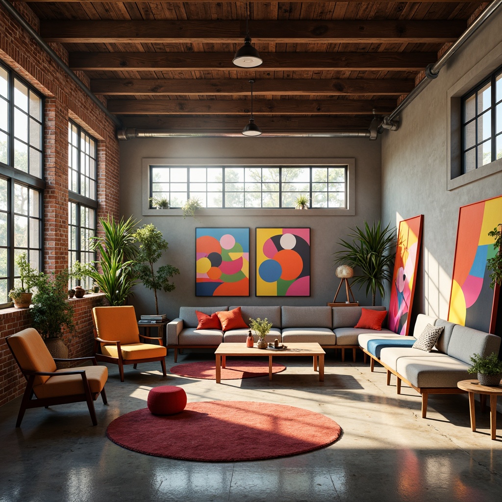 Prompt: Vibrant art studio, eclectic furniture, abstract artwork, bold color blocking, contrasting textures, modern industrial architecture, exposed brick walls, polished concrete floors, reclaimed wood accents, natural light pouring in, soft warm glow, atmospheric mist, shallow depth of field, 1/1 composition, realistic renderings, ambient occlusion.