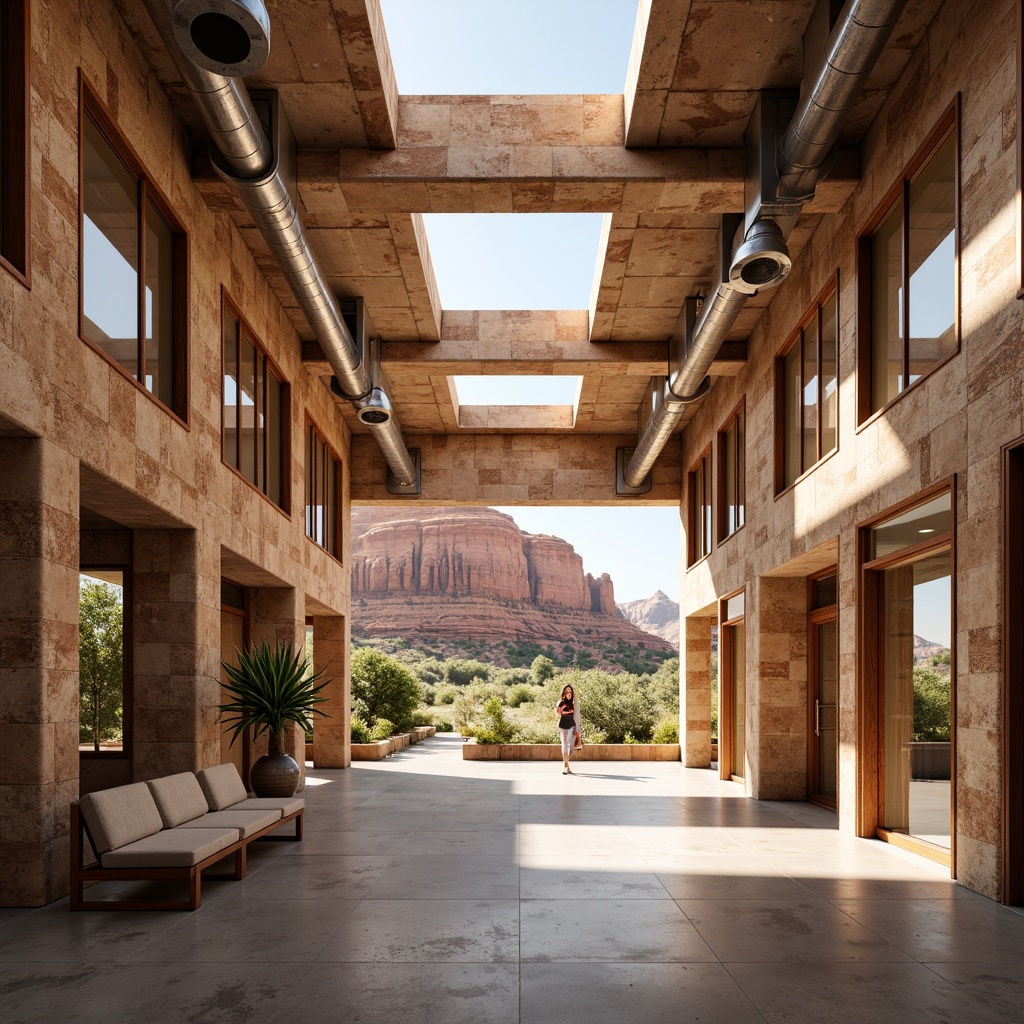 Prompt: Canyon-inspired building, rugged stone fa\u00e7ade, earthy tones, natural light pouring in, large windows, clerestory windows, skylights, open floor plans, minimalist interior design, industrial-style lighting fixtures, exposed ductwork, polished concrete floors, wooden accents, desert landscape views, red rock formations, vast open spaces, warm sunny day, soft diffused lighting, high contrast ratio, 1/1 composition, realistic textures, ambient occlusion.