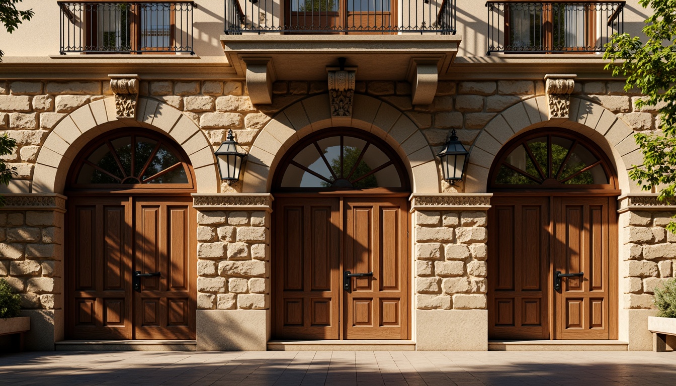 Prompt: Renaissance-style hostel facade, ornate stone carvings, grand archways, rustic wooden doors, vintage metal lanterns, intricate stonework patterns, warm golden lighting, soft afternoon sun, shallow depth of field, 1/2 composition, symmetrical architecture, richly textured walls, decorative cornices, elegant balconies, ornamental railings, classic European-inspired design, earthy color palette, aged stone textures, subtle weathering effects.