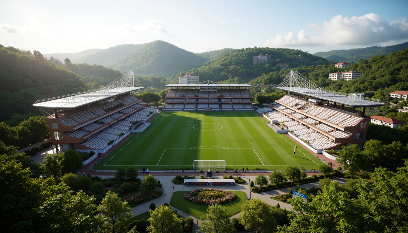 Prompt: Panoramic football stadium, lush green landscape, rolling hills, natural stone seating areas, vibrant flower beds, modern architecture, sleek metal structures, transparent roofs, cantilevered upper decks, dynamic lighting systems, misting systems, shaded spectator zones, eco-friendly materials, sustainable water management, integrated rainwater harvesting, native plant species, curved walkways, grand entrance gates, dramatic evening lighting, shallow depth of field, 3/4 composition, realistic textures, ambient occlusion.