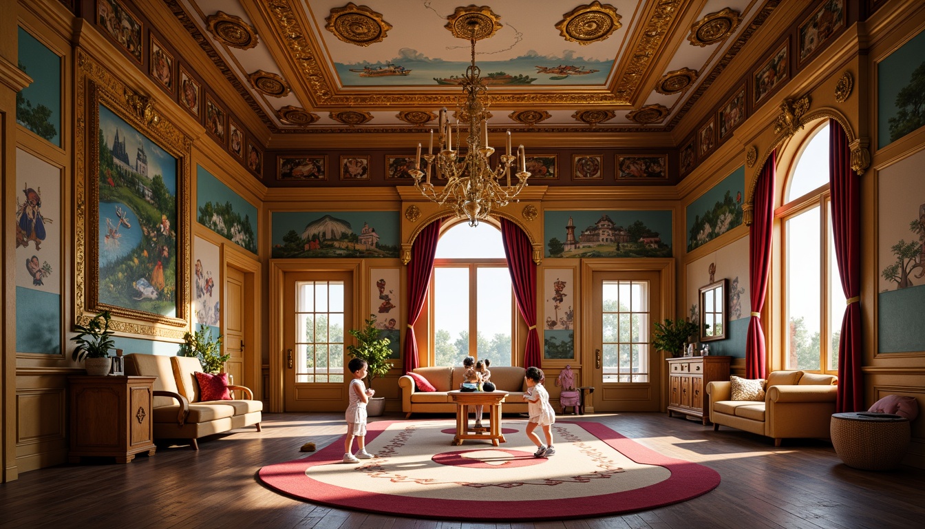 Prompt: Whimsical kindergarten, ornate Baroque details, golden accents, intricate carvings, grandiose chandeliers, lavish furnishings, velvet drapes, rich tapestries, playful murals, vibrant color palette, soft warm lighting, shallow depth of field, 3/4 composition, panoramic view, realistic textures, ambient occlusion, elegant archways, ornate columns, decorative moldings, luxurious fabrics, regal atmosphere, joyful ambiance.