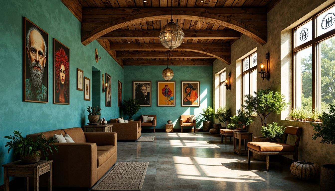 Prompt: Vibrant clinic, bold turquoise accents, warm beige walls, rich wood tones, eclectic art pieces, ornate metal fixtures, distressed finishes, abstract patterns, moody lighting, dramatic shadows, cinematic composition, 1/2 camera angle, high contrast ratio, gritty textures, ambient occlusion.