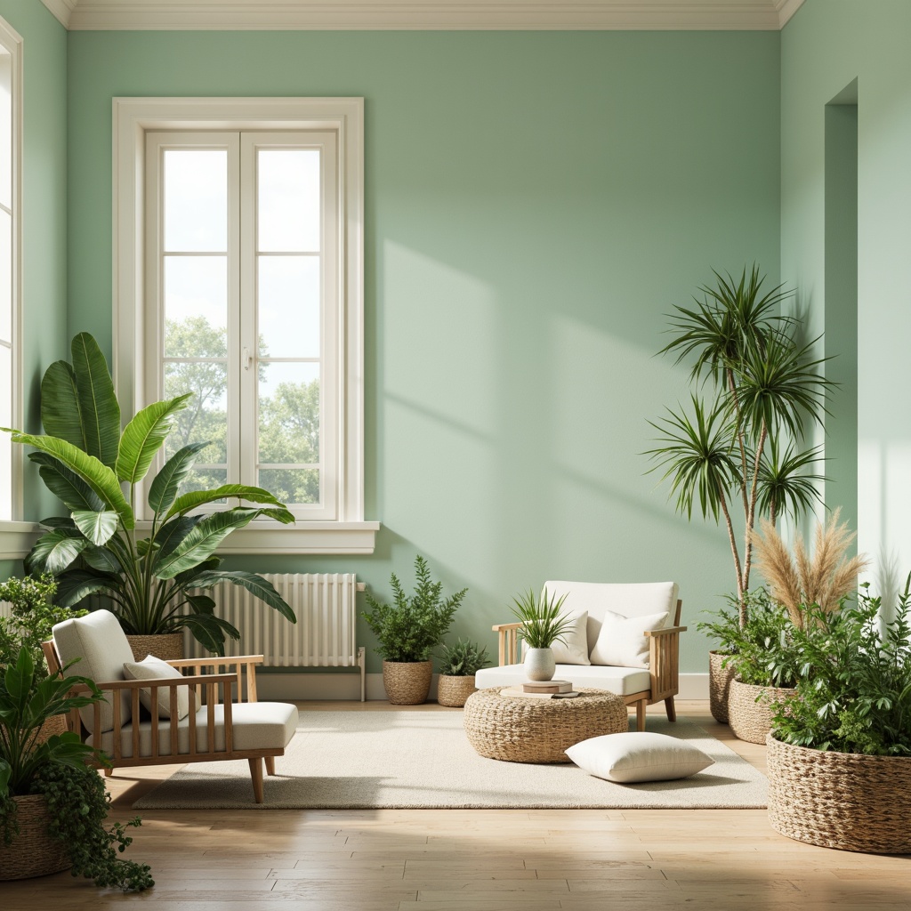 Prompt: Pastel mint walls, soft creamy trim, warm beige floors, natural wood accents, minimalist decor, calming atmosphere, abundant greenery, lush plants, delicate florals, subtle texture overlays, gentle gradient transitions, softbox lighting, shallow depth of field, 1/1 composition, realistic renderings, ambient occlusion.