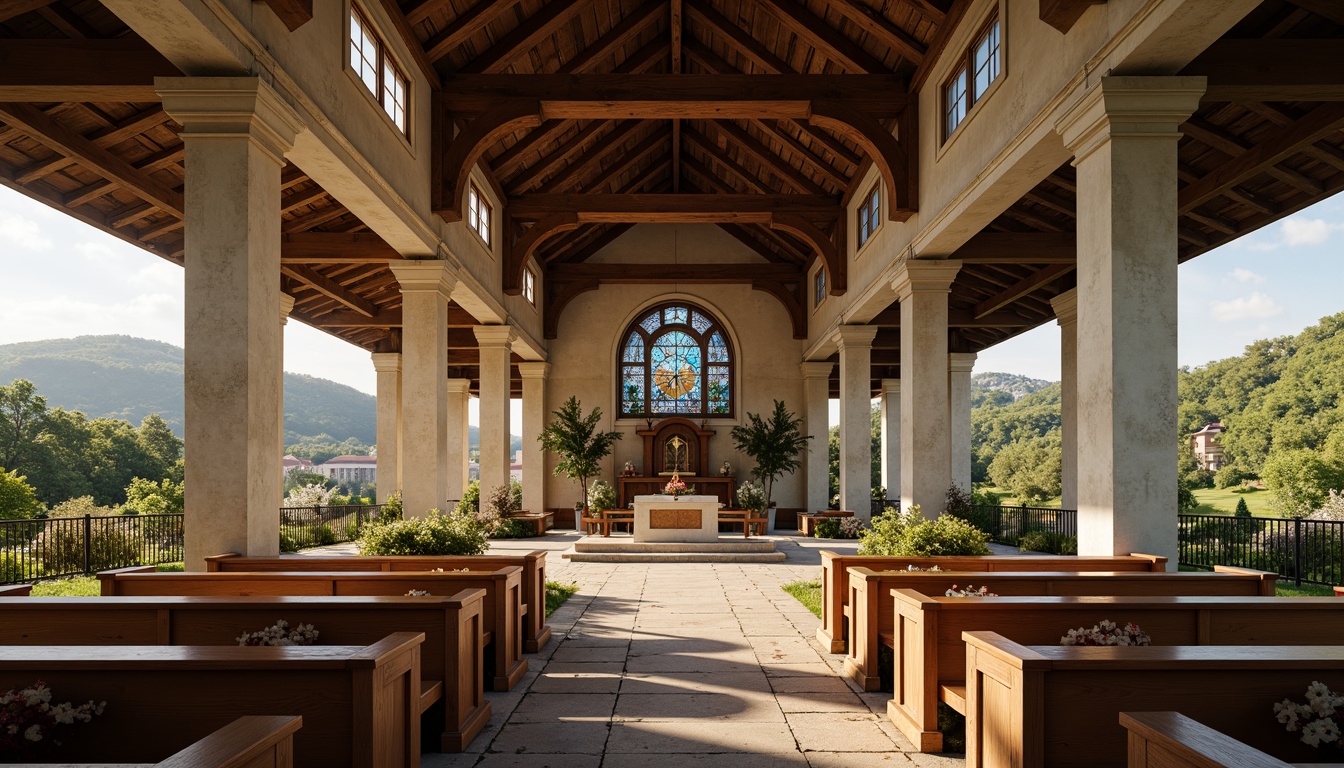 Prompt: Rustic rural church, neoclassical architecture, grand entrance, imposing columns, ornate capitals, symmetrical facade, arched windows, stained glass, wooden pews, vaulted ceiling, natural stone walls, earthy tones, serene countryside, rolling hills, lush greenery, sunny day, soft warm lighting, shallow depth of field, 3/4 composition, panoramic view, realistic textures, ambient occlusion.