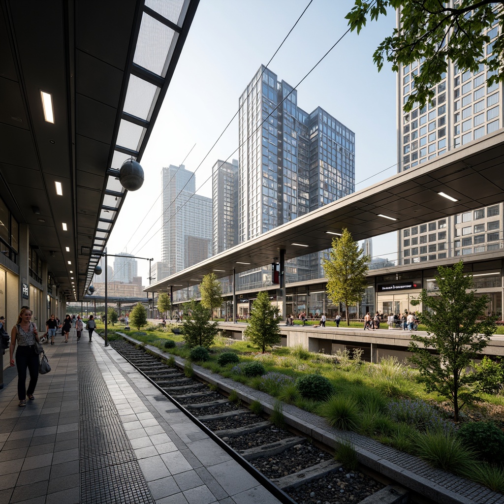 Prompt: Modern train station, sleek glass roofs, rainwater harvesting systems, green walls, lush vegetation, natural stone flooring, stainless steel handrails, LED lighting, energy-efficient systems, water conservation measures, grey water reuse, flood-resistant design, elevated platforms, cantilevered canopies, transparent glass fa\u00e7ades, urban landscape views, bustling city atmosphere, soft warm lighting, shallow depth of field, 3/4 composition, panoramic view, realistic textures, ambient occlusion.