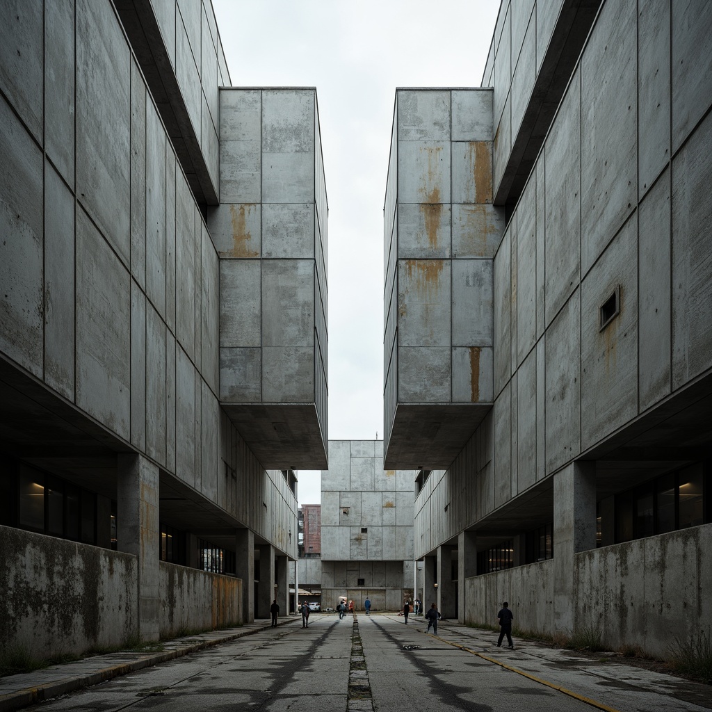 Prompt: Massive concrete forms, brutalist architecture, industrial distribution center, rugged textures, raw concrete walls, exposed ductwork, steel beams, functional minimalism, urban landscape, overcast skies, dramatic shadows, high-contrast lighting, cinematic composition, symmetrical framing, abstract geometric patterns, distressed metal accents, weathered wood tones, utilitarian aesthetic, functional simplicity, imposing scale, monumental presence.