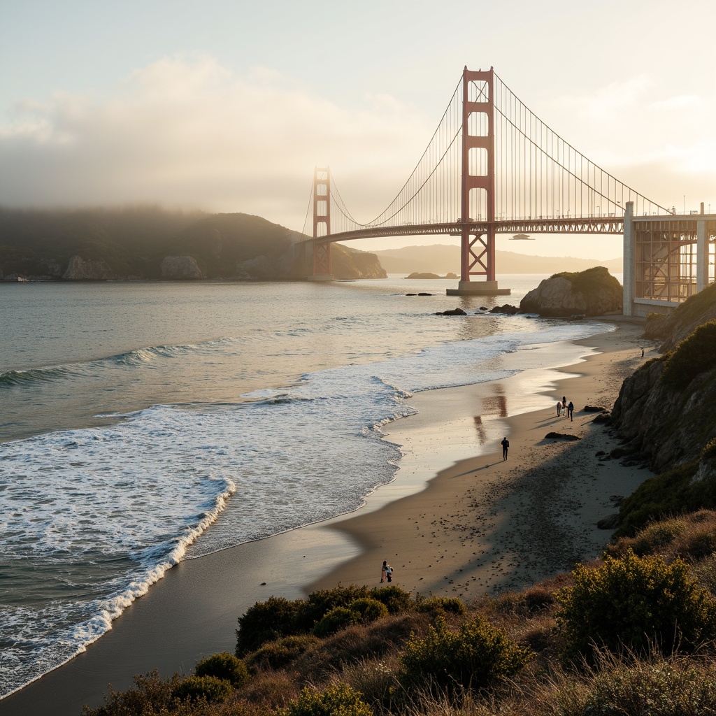 Prompt: Scenic coastal bridge, gentle ocean waves, sandy beach shores, rocky cliffs, misty morning fog, warm golden lighting, modern suspension design, sleek steel cables, sturdy pillars, pedestrian walkways, cyclist lanes, vehicular traffic flow, nautical-themed railings, weathered wooden planks, driftwood accents, seagull silhouettes, sailboat reflections, 1/2 composition, atmospheric perspective, soft focus blur, realistic water simulations.