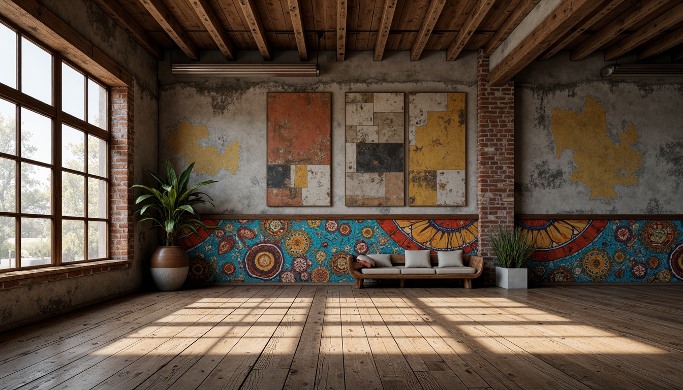 Prompt: Rustic wooden planks, distressed metal sheets, rough stone walls, peeling paint, worn brick facades, ornate ceramic tiles, intricate mosaic patterns, vibrant graffiti murals, weathered concrete floors, industrial pipes, reclaimed wood accents, natural fiber textiles, earthy color palette, warm ambient lighting, shallow depth of field, 1/1 composition, realistic material rendering.