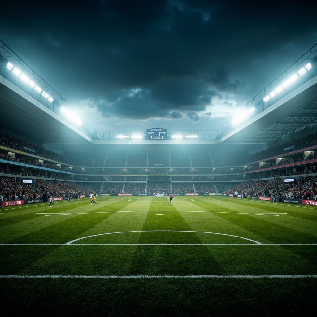 Prompt: Stadium atmosphere, lush green grass, athletic tracks, sports equipment, goalposts, floodlights, LED lighting, warm white tones, high-contrast shadows, dramatic spotlighting, misty evening air, soft focus, shallow depth of field, 1/2 composition, wide-angle lens, realistic textures, ambient occlusion.