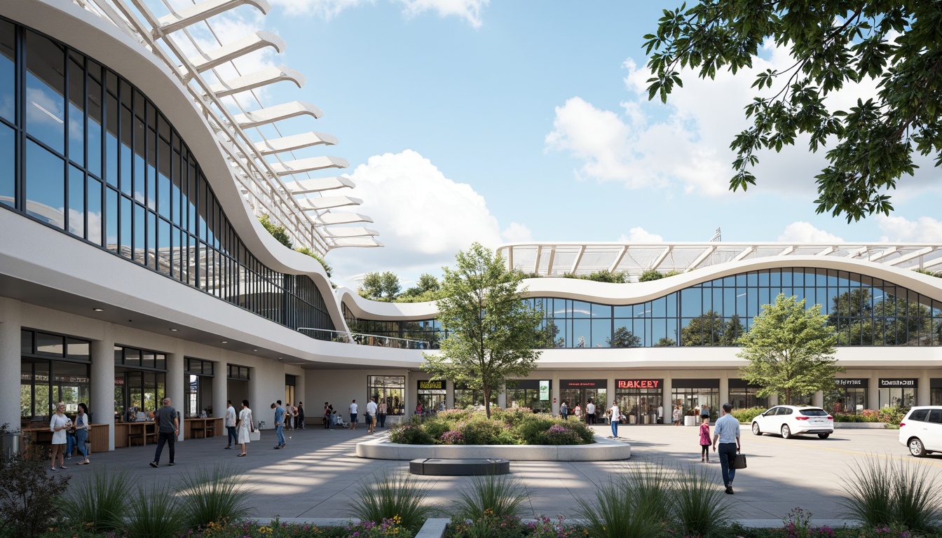 Prompt: Airport terminal building, curved rooflines, cantilevered structures, steel frames, glass facades, modern architecture, open spaces, natural light, airy atmosphere, bustling activity, passenger flow, wayfinding signage, retail areas, food courts, security checkpoints, luggage carousels, departure gates, arrival halls, baggage claim areas, airport lounges, VIP zones, green roofs, solar panels, rainwater harvesting systems, wind turbines, sustainable materials, futuristic design, angular lines, minimalist aesthetic, panoramic views, shallow depth of field, 3/4 composition, realistic textures, ambient occlusion.