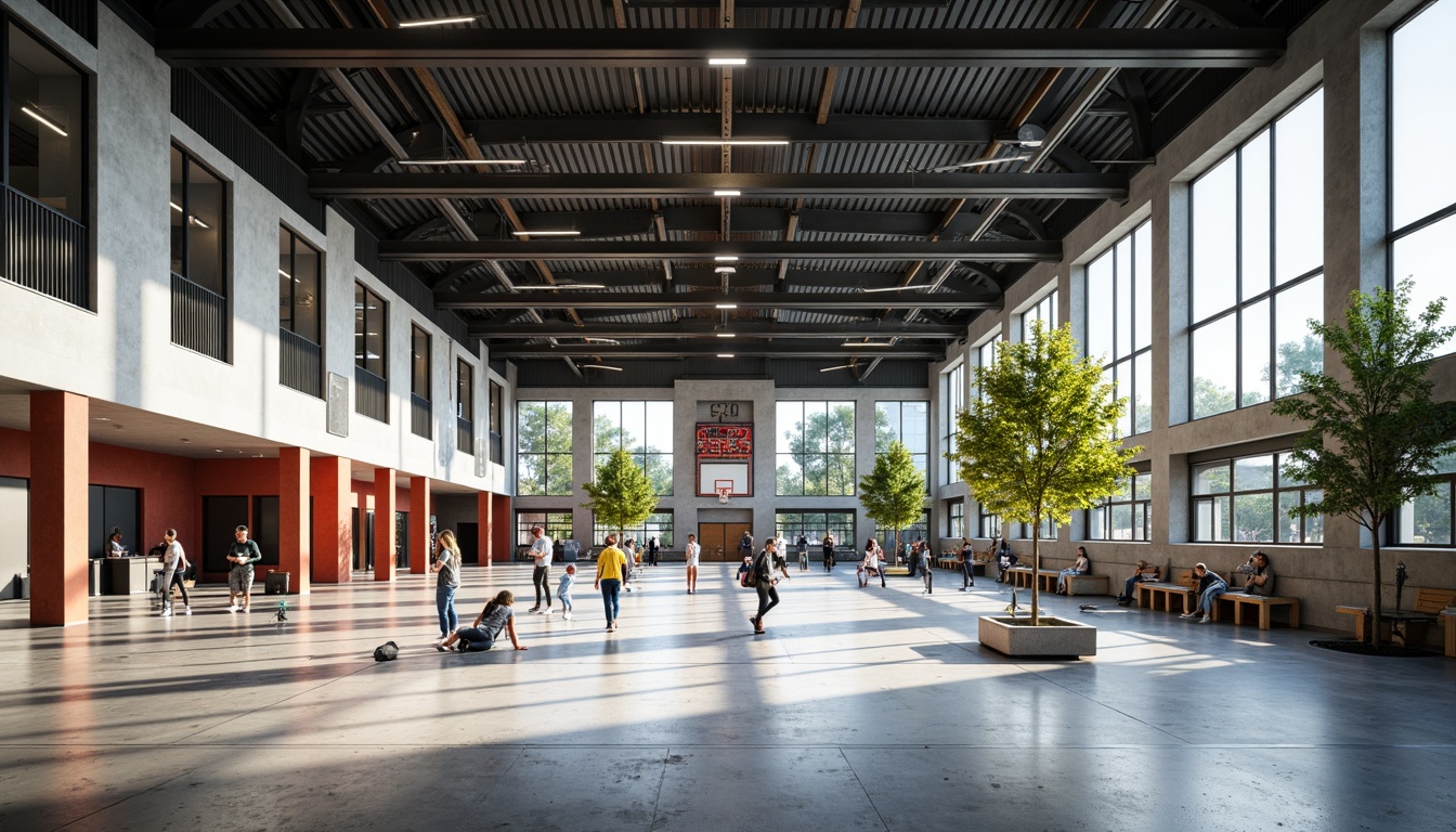 Prompt: Modern gymnasium interior, exposed structural frame, sleek steel beams, minimalist columns, polished concrete floors, industrial-style lighting, large windows, natural ventilation, open spaces, athletic equipment, basketball hoops, volleyball nets, exercise machines, wooden bleachers, dynamic color schemes, bold typography, geometric patterns, urban atmosphere, high ceilings, abundant natural light, shallow depth of field, 1/1 composition, realistic textures, ambient occlusion.