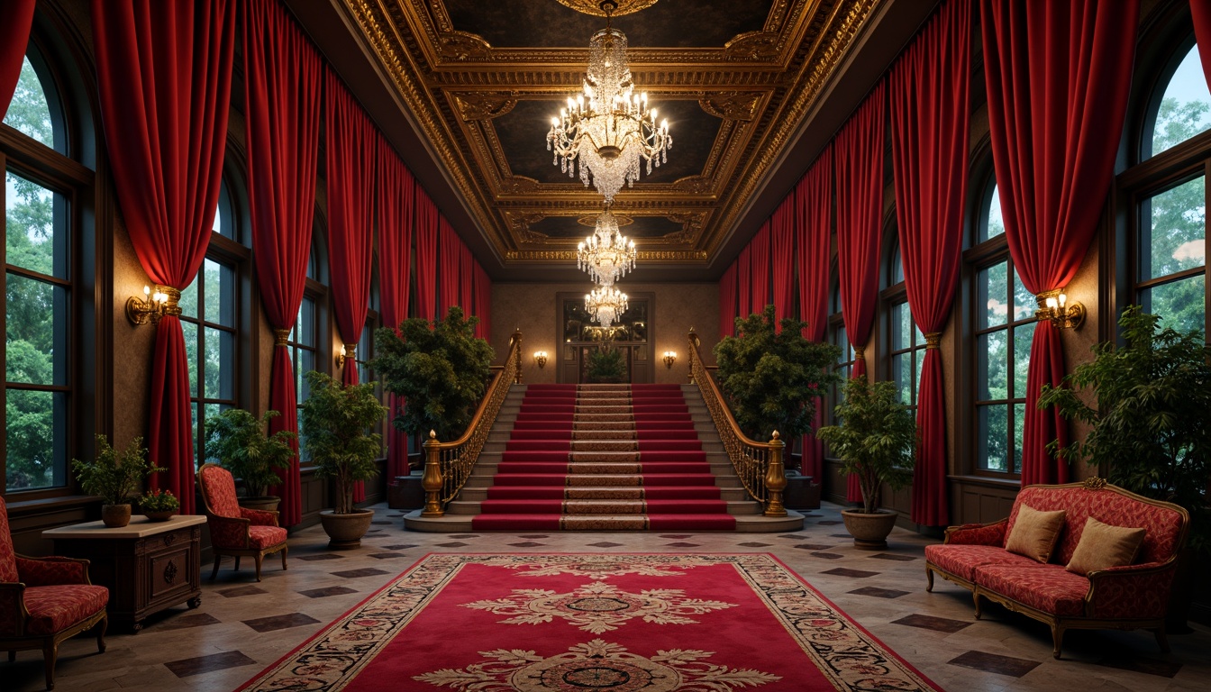 Prompt: Rich velvet drapes, ornate golden accents, lavish crystal chandeliers, plush red carpets, intricate Baroque patterns, luxurious marble floors, grandiose staircases, opulent furnishings, warm soft lighting, intimate ambiance, mysterious shadows, 1/2 composition, cinematic framing, dramatic spotlighting, vibrant jewel-toned colors, deep berry reds, emerald greens, sapphire blues, ornate moldings, gilded details, lavish textures, mystical atmosphere.