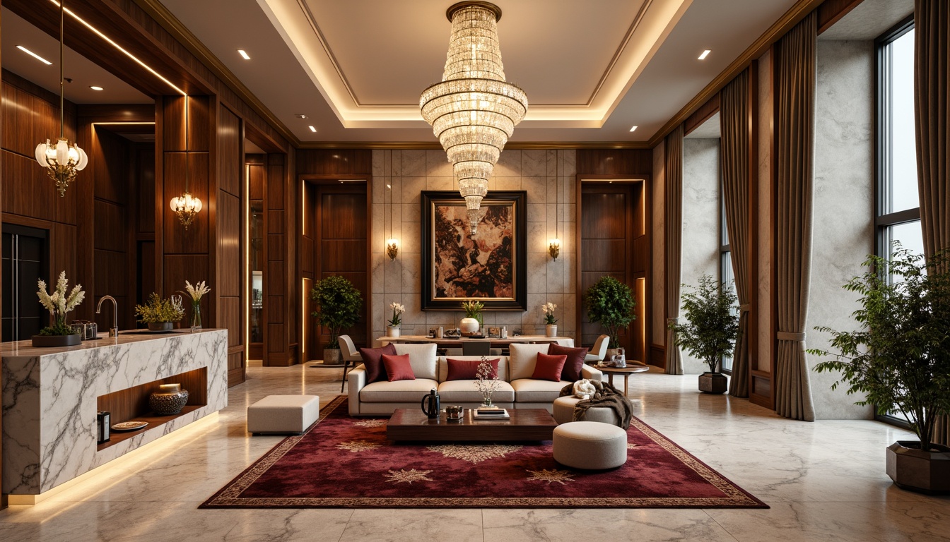 Prompt: Rich velvet fabrics, polished chrome accents, glossy marble countertops, warm walnut wood tones, soft suede upholstery, metallic silver leafing, crystal chandeliers, luxurious silk drapes, high-gloss lacquer finishes, ornate gold moldings, plush area rugs, creamy limestone walls, ambient LED lighting, dramatic floor-to-ceiling windows, opulent jewel-toned colors, lavish patterned textiles, sophisticated minimalist decor.