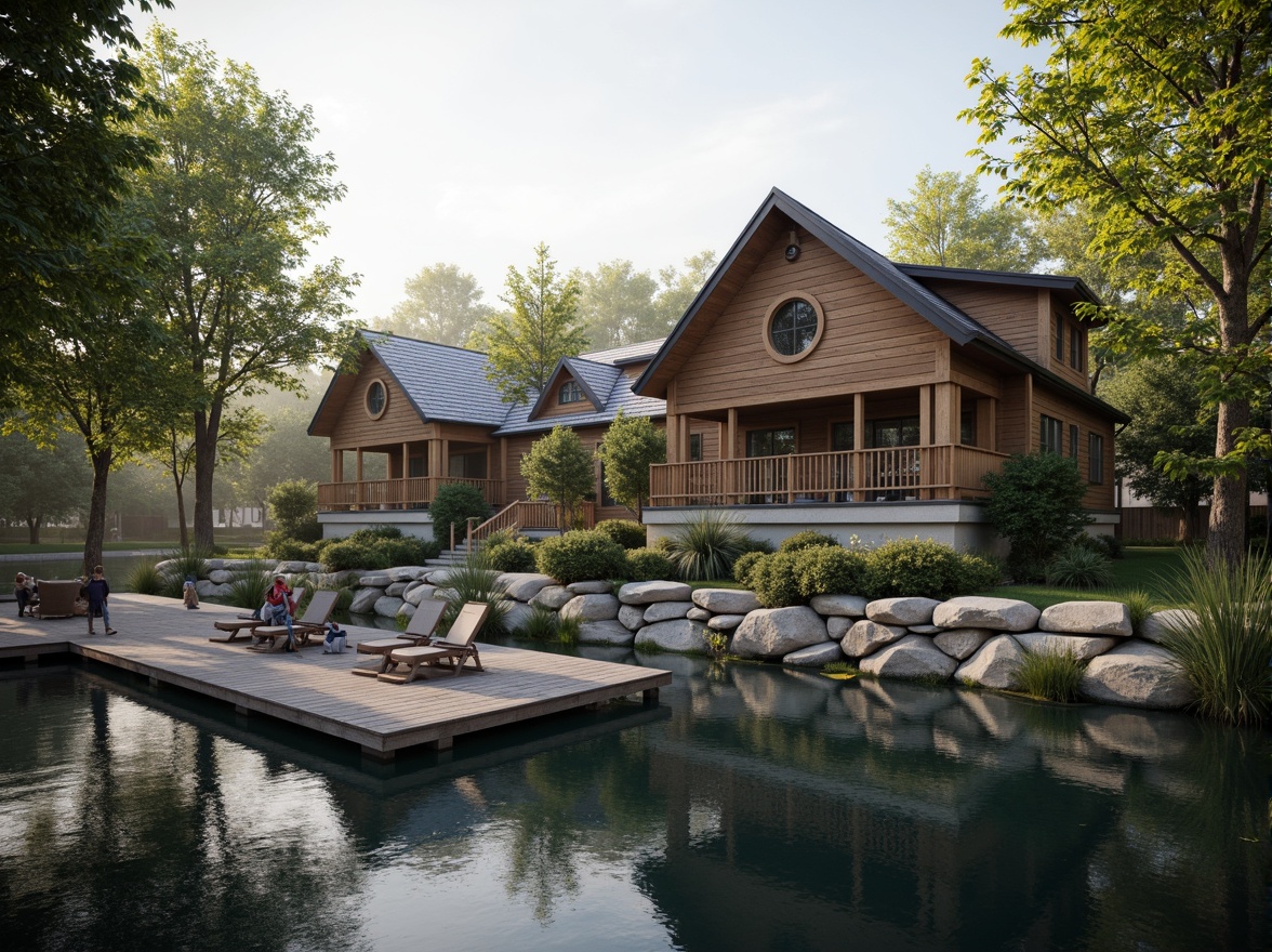 Prompt: Waterfront location, serene lake views, wooden dock, rustic boathouse, natural stone foundation, wooden accents, nautical decorations, porthole windows, curved rooflines, weathered wood textures, soft warm lighting, shallow depth of field, 1/1 composition, realistic reflections, ambient occlusion, lush greenery, surrounding trees, misty morning atmosphere.