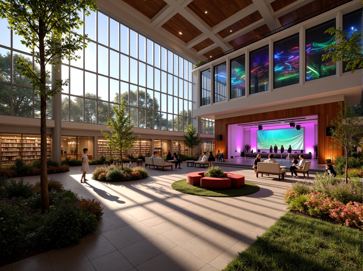 Prompt: Vibrant community center, modern architecture, large windows, glass ceilings, natural light pouring in, warm ambient lighting, soft shadows, colorful LED lights, dynamic stage lighting, spotlights on performances, cozy reading nooks, intimate gathering spaces, wooden accents, earthy tones, comfortable seating areas, lively atmosphere, afternoon sunbeams, gentle glow, 1/1 composition, shallow depth of field, realistic textures, ambient occlusion.