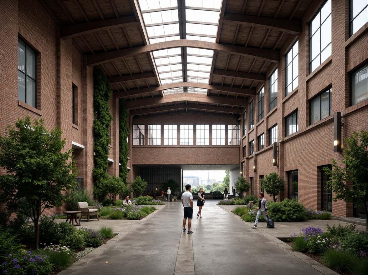 Prompt: Industrial warehouse, exposed brick walls, metal beams, concrete floors, reclaimed wood accents, lush greenery, living walls, hanging planters, natural stone pathways, brutalist architecture, functional design, minimalist aesthetic, abundant natural light, clerestory windows, skylights, industrial chic decor, distressed finishes, urban landscape views, cityscape backdrop, gritty textures, moody atmospheric lighting, shallow depth of field, 2/3 composition, cinematic framing.